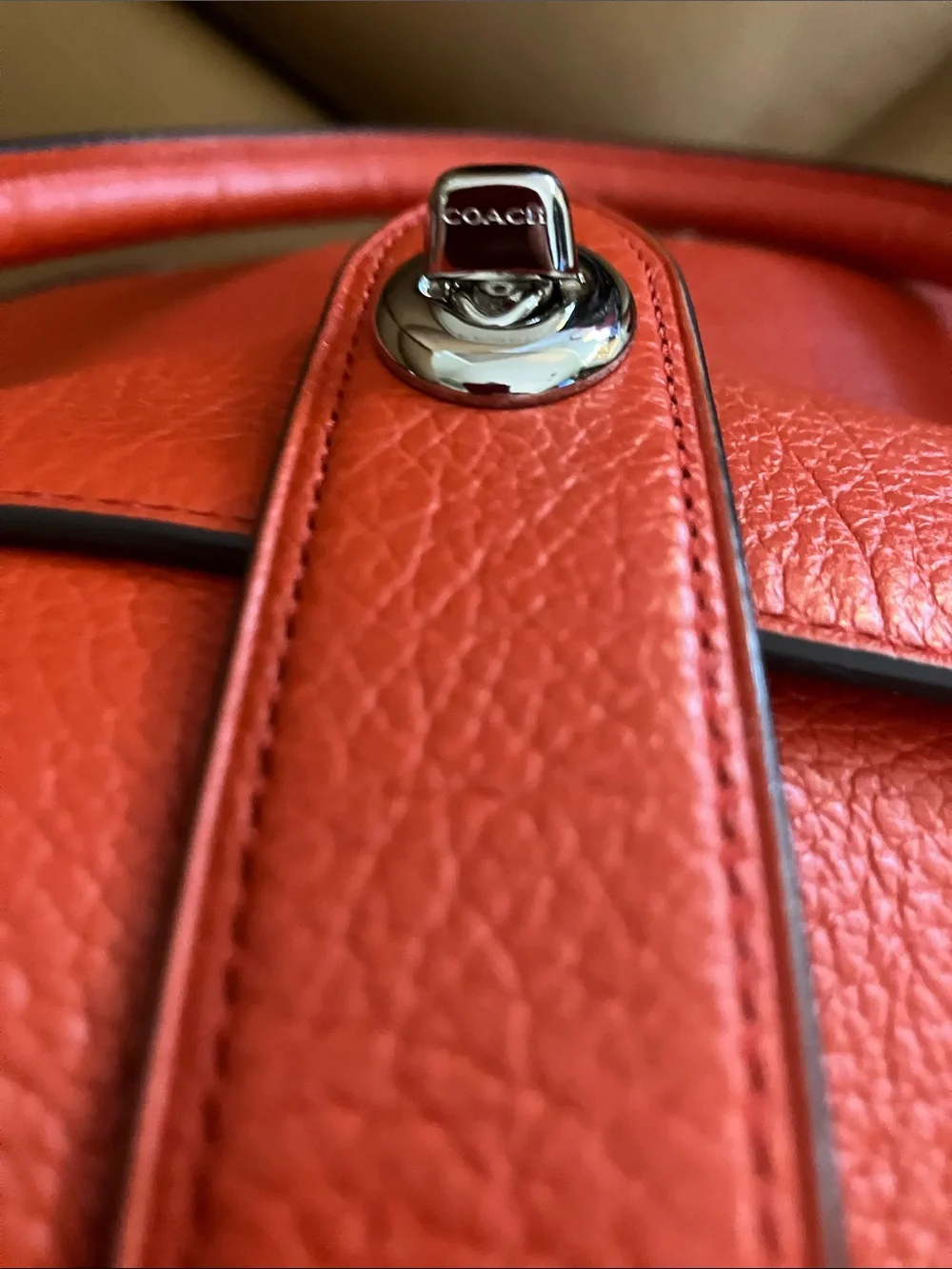 Coach Mercer Coral Red Pebbled Leather Satchel w/Crossbody Strap silver hardware